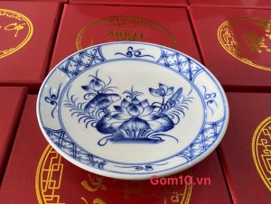 Đĩa tròn men tràm cổ vẽ sen xanh, 16cm