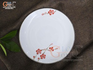 Đĩa tròn men trắng vẽ hoa Đào đỏ, đường kính 14cm