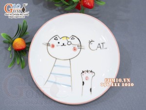 Đĩa tròn men trắng vẽ mèo chỉ hồng, 16cm