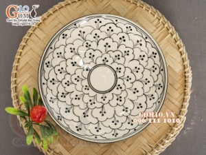 Đĩa tròn sâu lòng xanh đồng vẽ bèo, đường kính 18cm