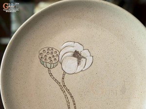 Đĩa tròn salad men kem tấm vẽ Bạch Liên, đường kính 22cm