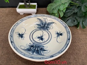 Đĩa tròn sâu lòng men rạn hoạ tiết chuồn khoai, đường kính 22cm