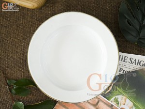 Đĩa tròn sâu lòng men trắng kẻ chỉ vàng kim, đường kính 18cm