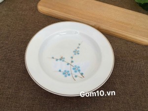 Đĩa tròn sâu lòng men trắng vẽ hoa Đào xanh, đường kính 18cm