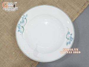 Đĩa tròn sâu lòng men trắng vẽ Sen xanh, đường kính 22cm