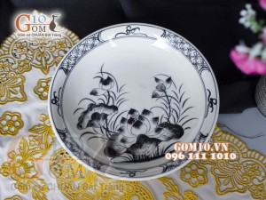 Đĩa tròn sâu men chàm cổ họa tiết Sen đen, đường kính 24cm