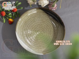 Đĩa tròn sâu men hỏa biến gấm vàng Cát Tường, đường kính 22cm