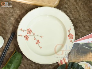Đĩa tròn sâu men kem vẽ hoa Đào đỏ, đường kính 20cm
