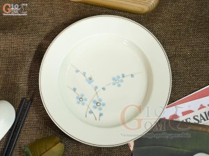 Đĩa tròn sâu men kem vẽ hoa Đào xanh, đường kính 18cm