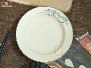 Đĩa tròn sâu men kem vẽ hoa Sen xanh, đường kính 18cm
