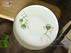 Đĩa tròn thành cao men kem vẽ đài Sen, đường kính 17cm