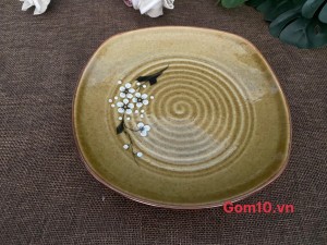 Đĩa vuông ảo men hoàng thổ vẽ hoa, 20cm