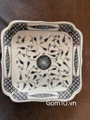 Đĩa vuông lượn men bóng hoa móc
