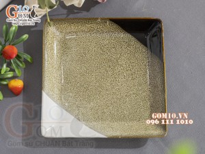 Đĩa vuông men hỏa biến gấm vàng Cát Tường, cạnh 20cm