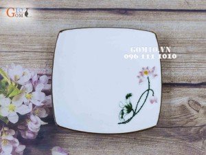 Đĩa vuông men kem họa tiết Sen hồng 20cm