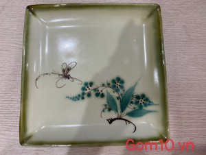 Đĩa vuông men vuốt vẽ tre xanh, cạnh 19cm