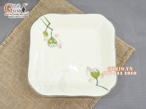 Đĩa vuông sâu lòng men kem vẽ hoa Đài sen, 20cm