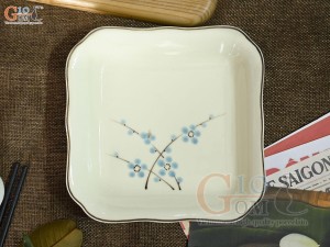Đĩa vuông sâu lòng men kem vẽ hoa Đào xanh, 20cm