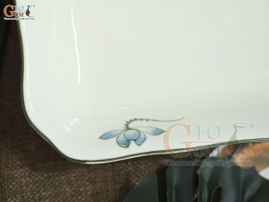 Đĩa vuông sâu lòng men kem vẽ hoa Sen xanh, 20cm