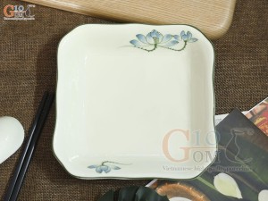 Đĩa vuông sâu lòng men kem vẽ hoa Sen xanh, 20cm