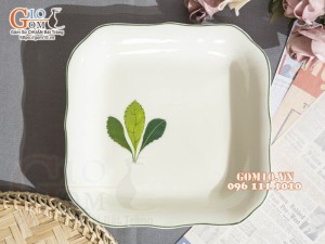 Đĩa vuông sâu lòng men kem vẽ lá Ngò gai, 20cm