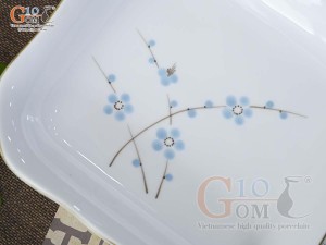 Đĩa vuông sâu lòng men trắng vẽ hoa Đào xanh, 18cm