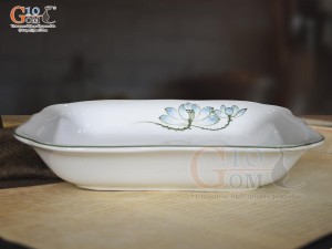 Đĩa vuông sâu lòng men trắng vẽ hoa Sen xanh, 20cm