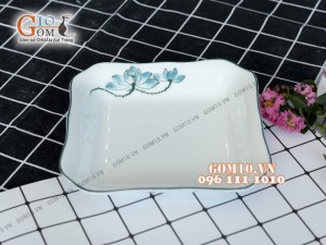 Đĩa vuông sâu lòng men trắng vẽ sen 20cm