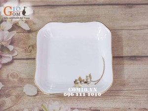 Đĩa vuông sâu lòng men trắng vẽ Sen Vàng Kim 17cm