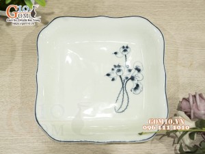 Đĩa vuông sâu men kem vẽ hoa Sen đen, 20cm