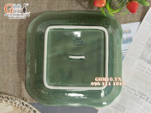 Đĩa vuông sâu xanh đồng vẽ Chuồn kim, 20cm