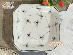 Đĩa vuông sâu xanh đồng vẽ Chuồn kim, 20cm