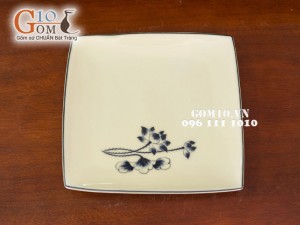 Đĩa vuông men kem vẽ hoa Sen đen, 20cm
