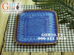 Đĩa vuông vặn men hỏa biến xanh đá cạnh 23,5cm