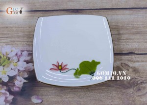Đĩa vuông vát men kem họa tiết Sen đỏ 20cm