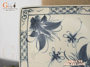 Đĩa vuông vênh men rạn cổ họa tiết chuồn khoai 20cm