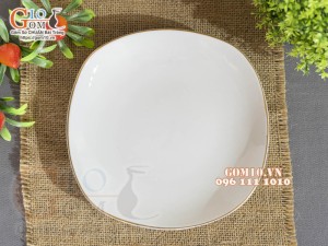 Đĩa vuông vênh men trắng kẻ chỉ vàng kim, cạnh 20cm