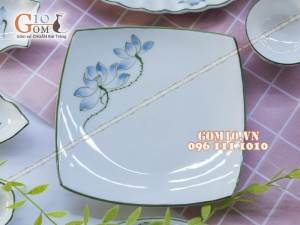 Đĩa vuông vênh men kem vẽ sen xanh, cạnh 20cm