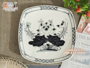 Đĩa ảo xanh đồng vẽ Sen, 16cm