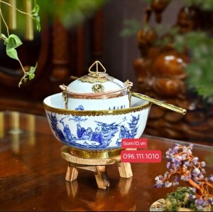 Điếu bát dáng tròn men lam cổ cảnh trúc lâm thất hiền bọc đồng