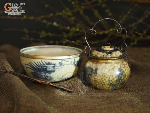 Điếu bát mini tròn men rạn cổ họa tiết Rồng, đường kính 10cm