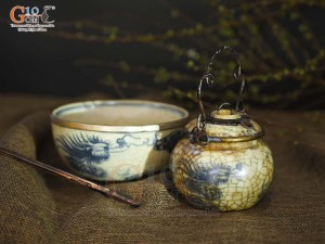 Điếu bát mini tròn men rạn cổ họa tiết Rồng, đường kính 10cm