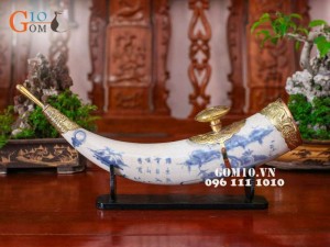 Điếu ngà 38cm men rạn cổ bọc đồng