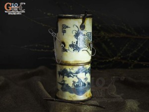 Điếu ống cao men rạn cổ bọc đồng cảnh, cao 20cm