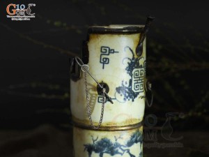 Điếu ống cao men rạn cổ bọc đồng cảnh, cao 20cm