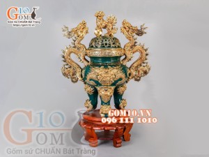 Đỉnh men xanh đắp nổi vẽ vàng 24k, cao 54cm ( Đỉnh lẻ)