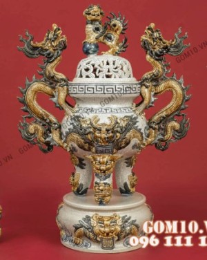 Đỉnh thờ kèm chân kê đỉnh men rạn đắp nổi Rồng  cao cấp, cao 59cm