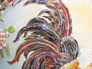 Đôi bảo bình men loang xanh đắp nổi Kim Kê Đại Cát vẽ vàng 24k, cao 85cm