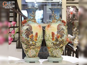 Đôi bảo bình men loang xanh đắp nổi Kim Kê Đại Cát vẽ vàng 24k, cao 85cm