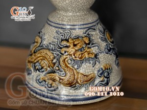 Đôi cây nến cao men rạn đắp nổi Rồng Phú Quý, cao 42cm